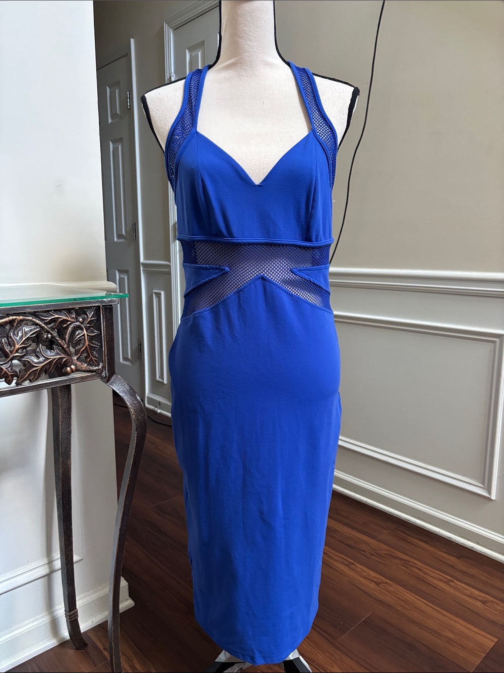 Bebe Blue Mesh Accent Bodycon Dress size Large
